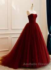 Wine Red Tulle Scoop Long Formal Dresses, Wine Red Tulle Evening Prom Dresses Party Dresses